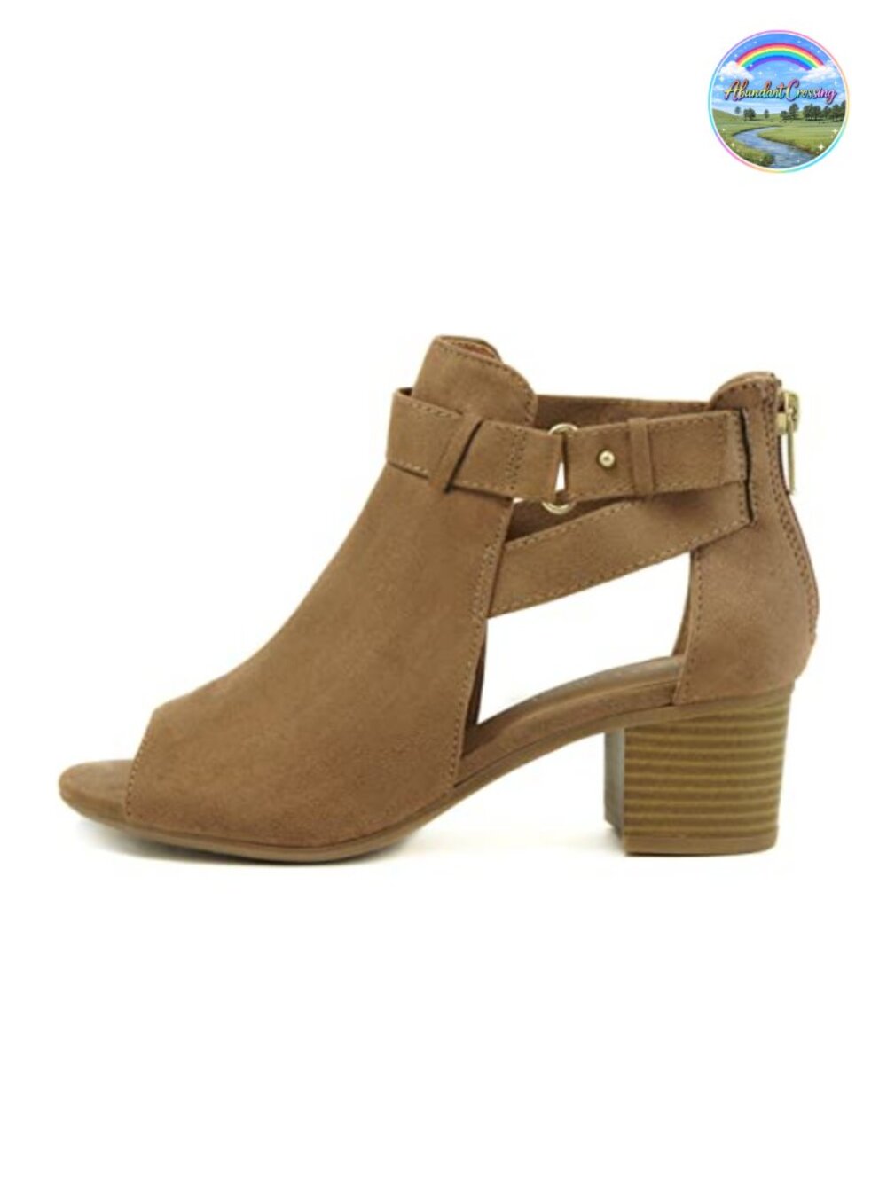 Women's Cutout Side Strap Mid Chunky Heel Ankle Bootie Peep Toe Vegan